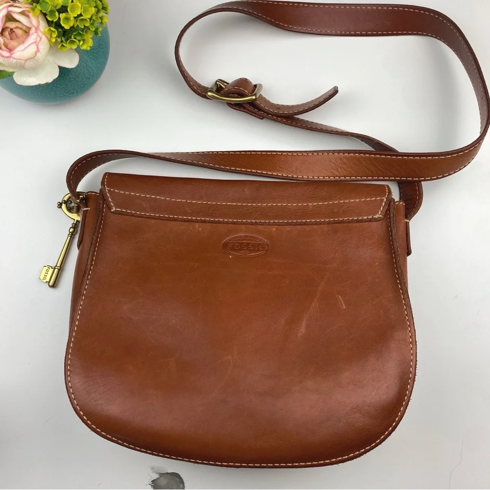 Fossil Bag Austin Large Flap Crossbody Shoulder Brown All Leather Messenger Bag